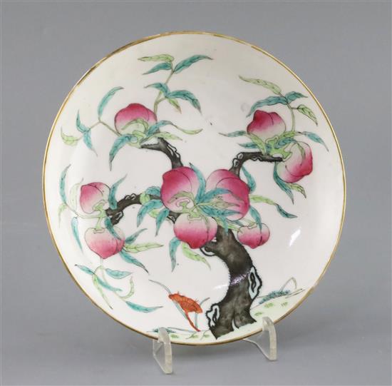 A Chinese famille rose Guangxu nine peach dish with blue glazed six character mark, 6.5in. diameter